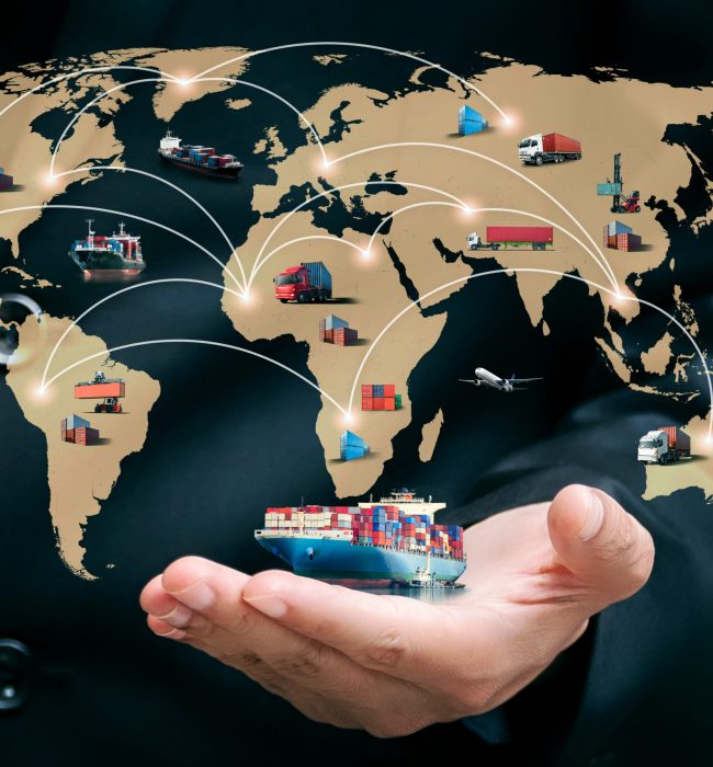 Businessman holding Container cargo freight ship for Global business logistics import export and Transportation industry concept